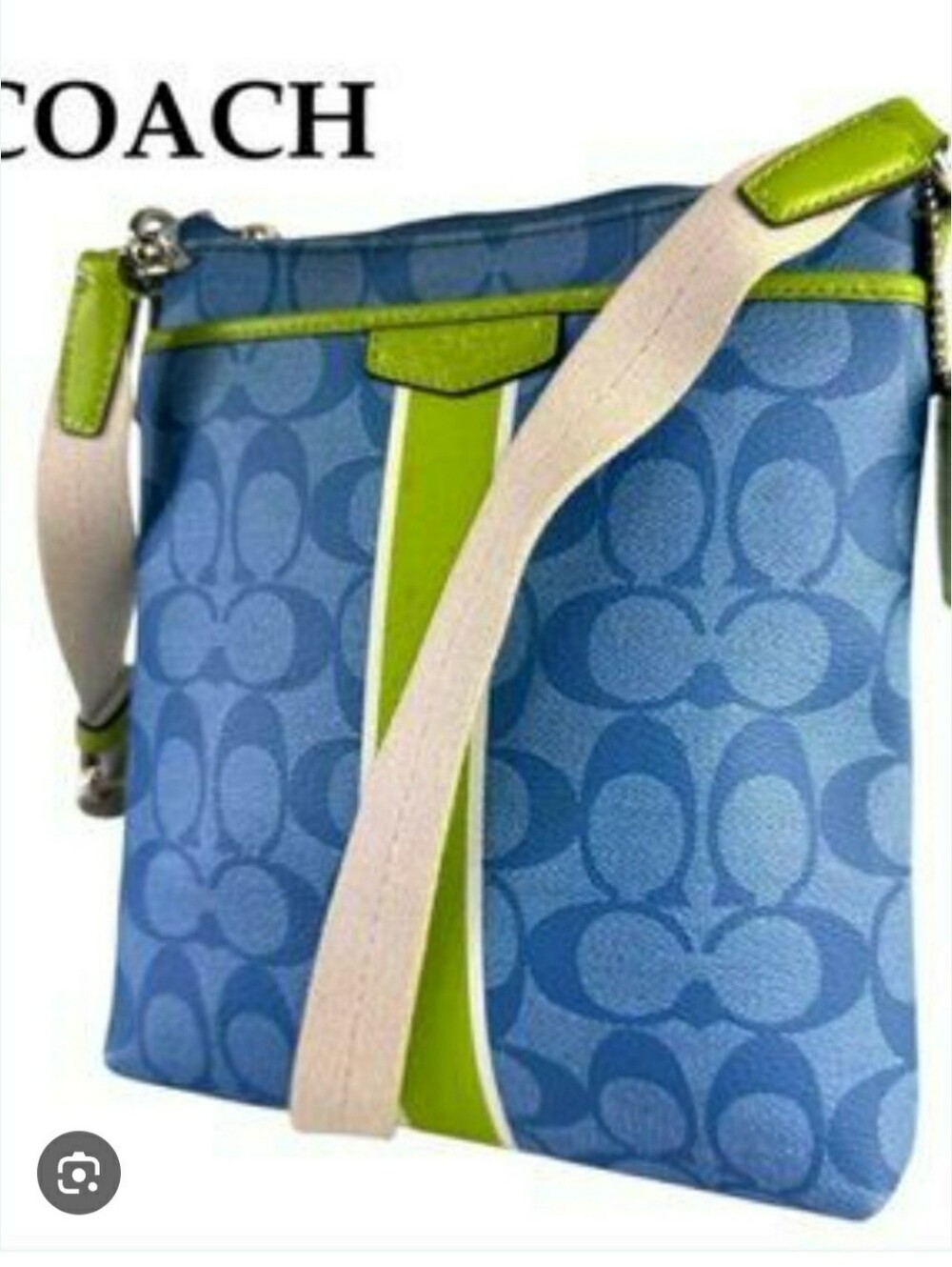 COACH Charlie Leather Andersen Blue Crossbody Bag with Lime Trim